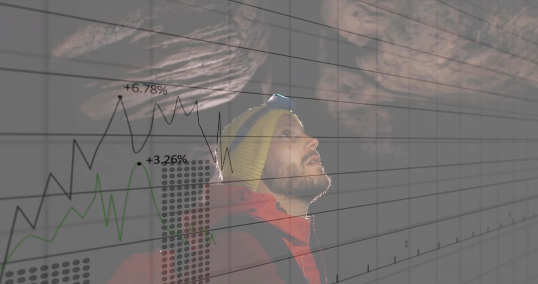 Adventurer Navigating Cave with Digital Analytics Overlay
