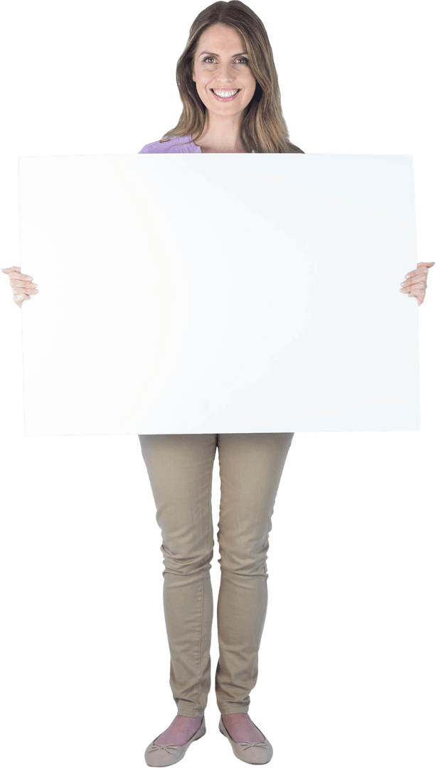 Smiling Woman Holding Transparent Blank Poster