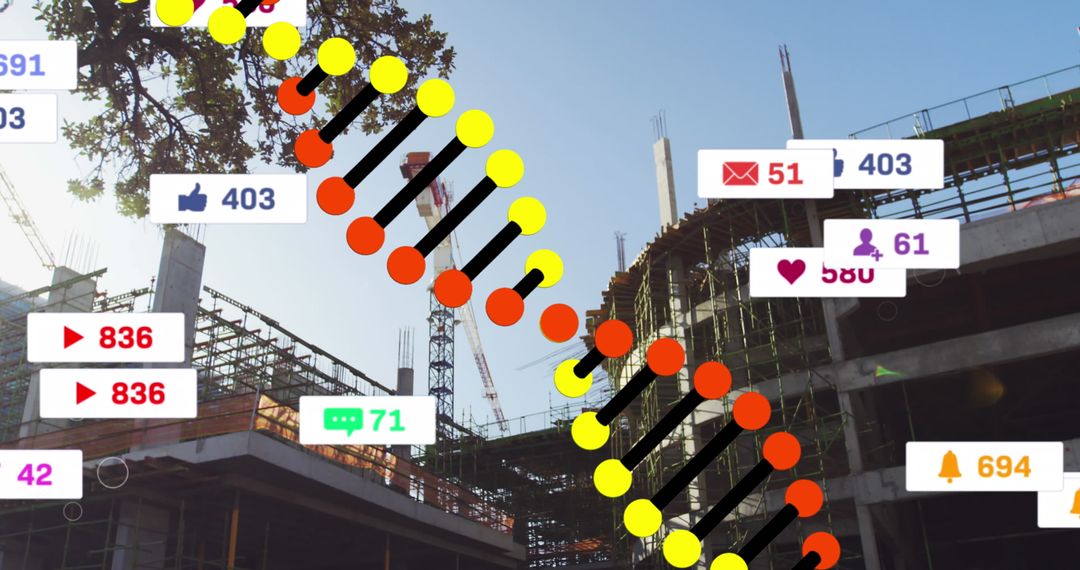 Digital DNA Strand Connecting Media Icons Over Urban Construction site