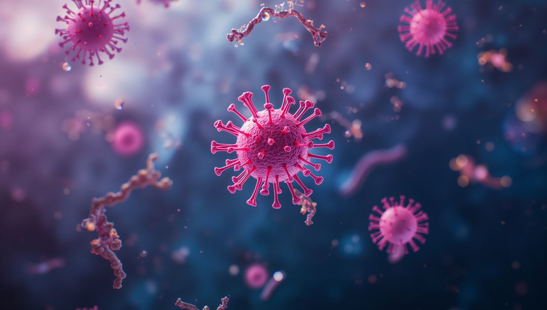 Microscopic View of Floating Virus Particle with Antibodies