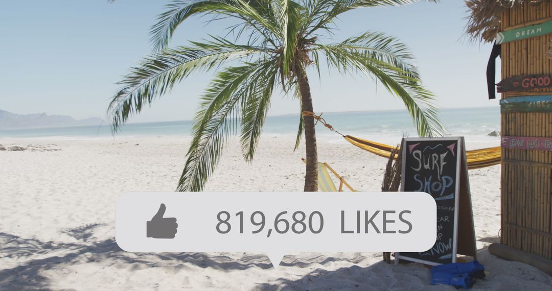 Digital Likes Overlay on Tropical Beach Scene