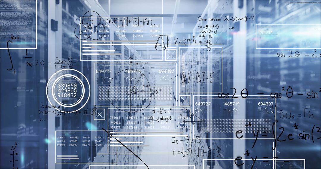 Futuristic Data Center with Math Overlays and Network Infrastructure