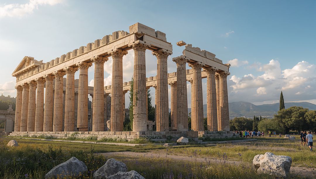 Ancient Doric Temple Ruins at Sunset with Visitors Photographing Colonnade and Landscape