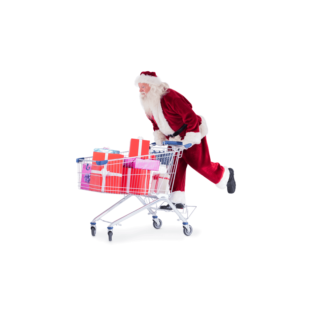 Santa Claus Gliding with Shopping Cart Full of Presents on Transparent Background