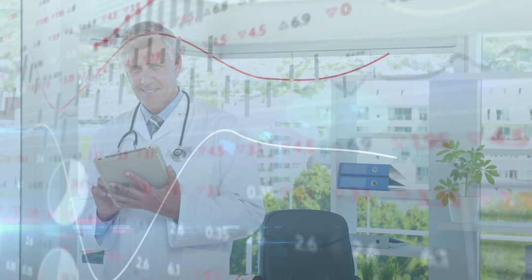 Doctor Analyzing Financial Data Overlay with Tablet in Modern Office