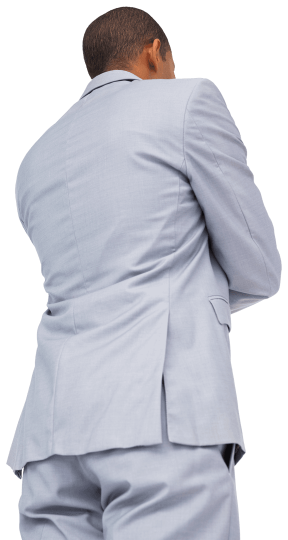 Transparent Rear View of Biracial Businessman in Gray Suit