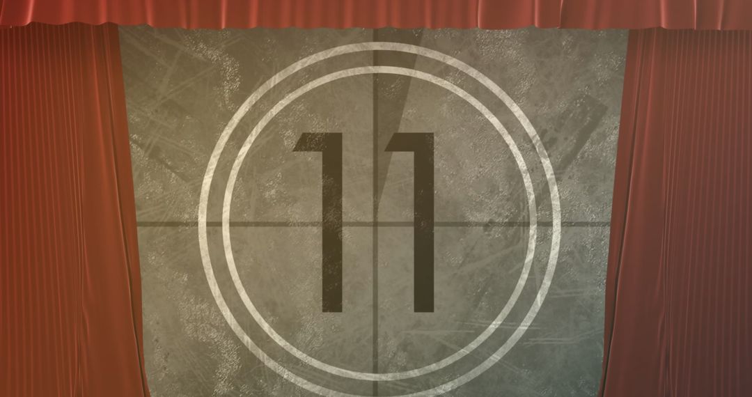 Retro film countdown framed by red curtains