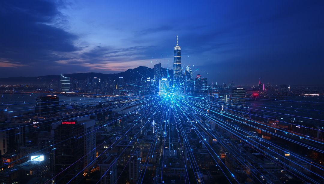 Futuristic Cityscape with Digital Data Streams and Skyscrapers