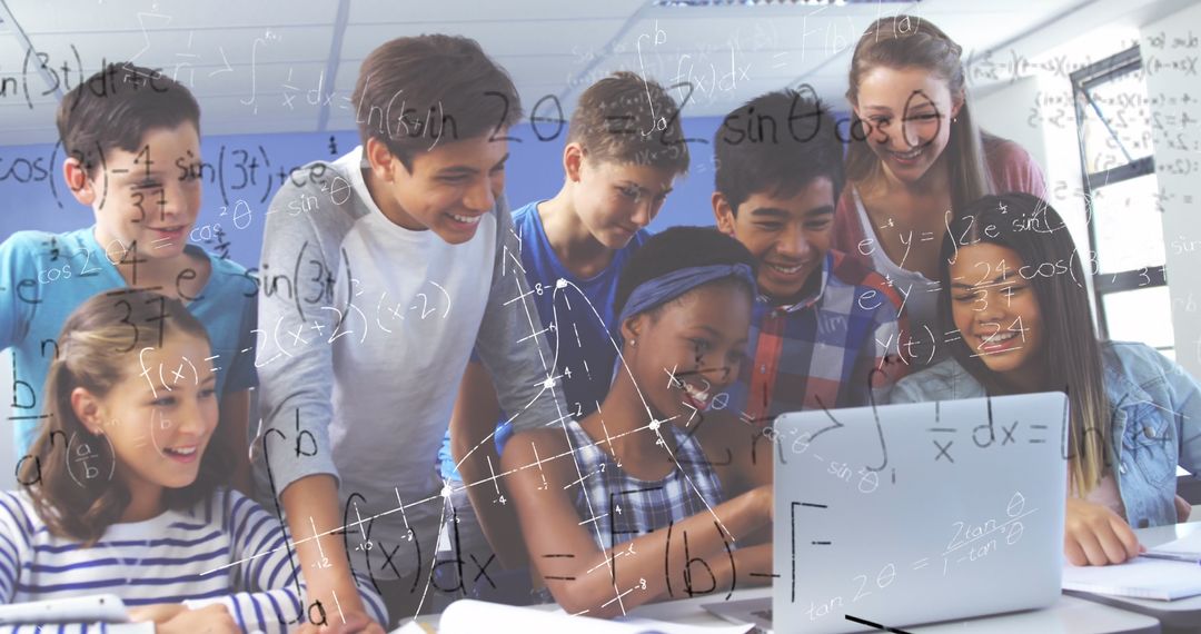 Diverse Students Collaborating on Laptop for Math Solutions