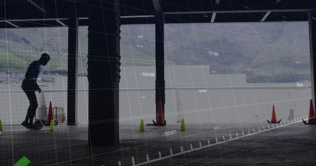 Man Skillfully Riding Self-Balancing Board in Waterside Warehouse