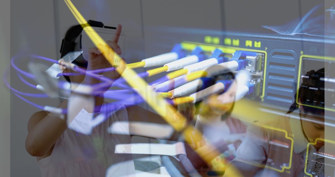 Young Innovator Using VR in Front of Vibrant Networking Servers