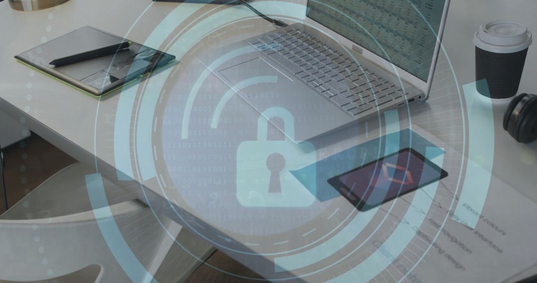 Cybersecurity Concept with Digital Lock Overlay on Office Desk