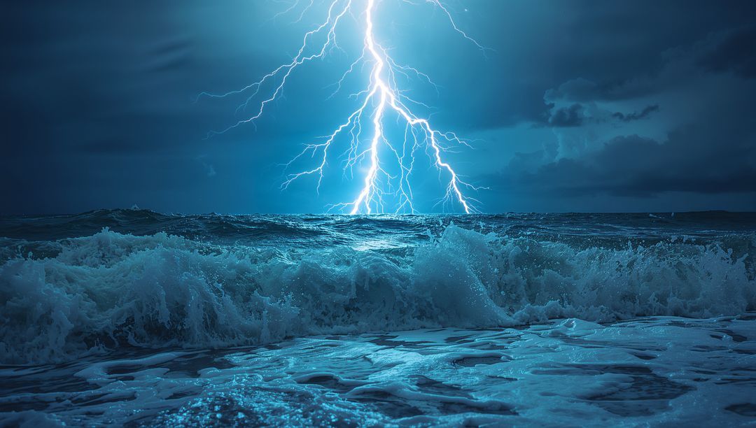 Lightning Bolt Illuminating Ocean Waves Understormy Night Skies