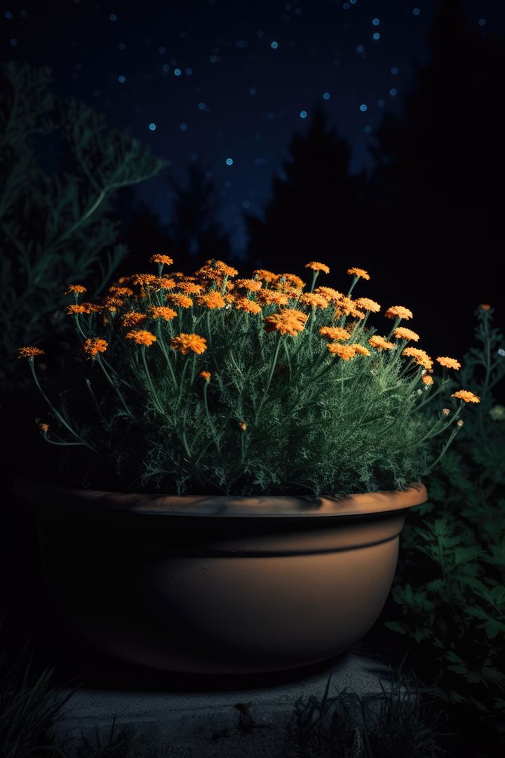 Yellow flowers in ceramic planter in garden at night, created using generative ai technology - Free Images, Stock Photos and Pictures on Pikwizard.com