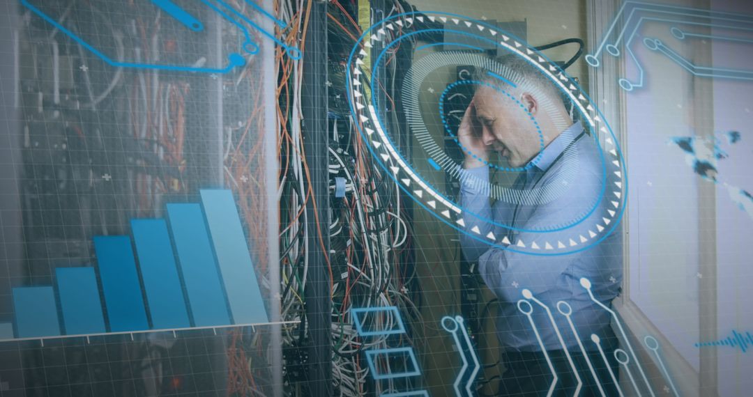 Data Engineer Managing Server Infrastructure with Digital Overlay