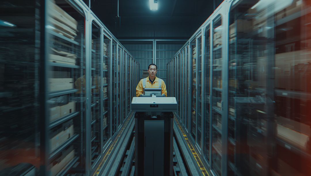 Technician Operating Advanced Warehouse Automation System