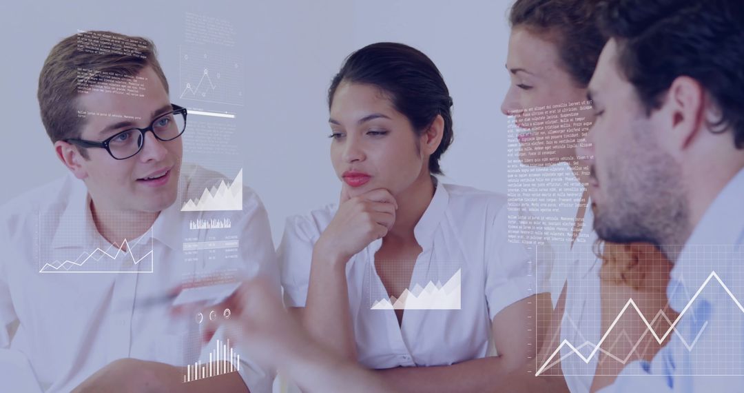 Business Team Collaborates with Data Analytics Visuals in Modern Office