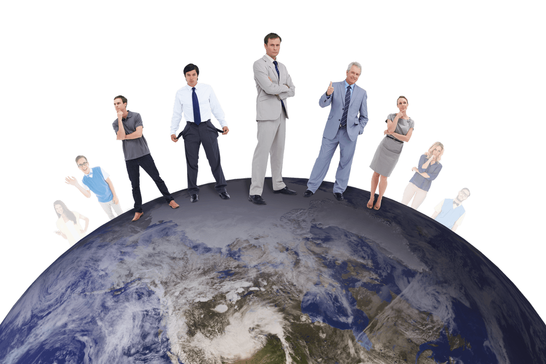Business Team Standing on Globe with Transparent Background