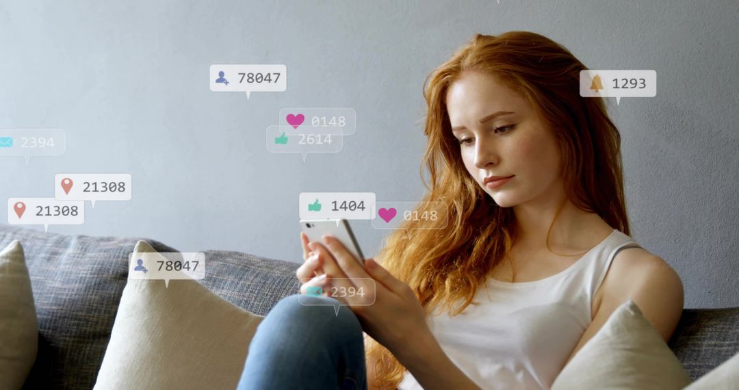 Woman Relaxing on Sofa Browsing Smartphone with Notifications