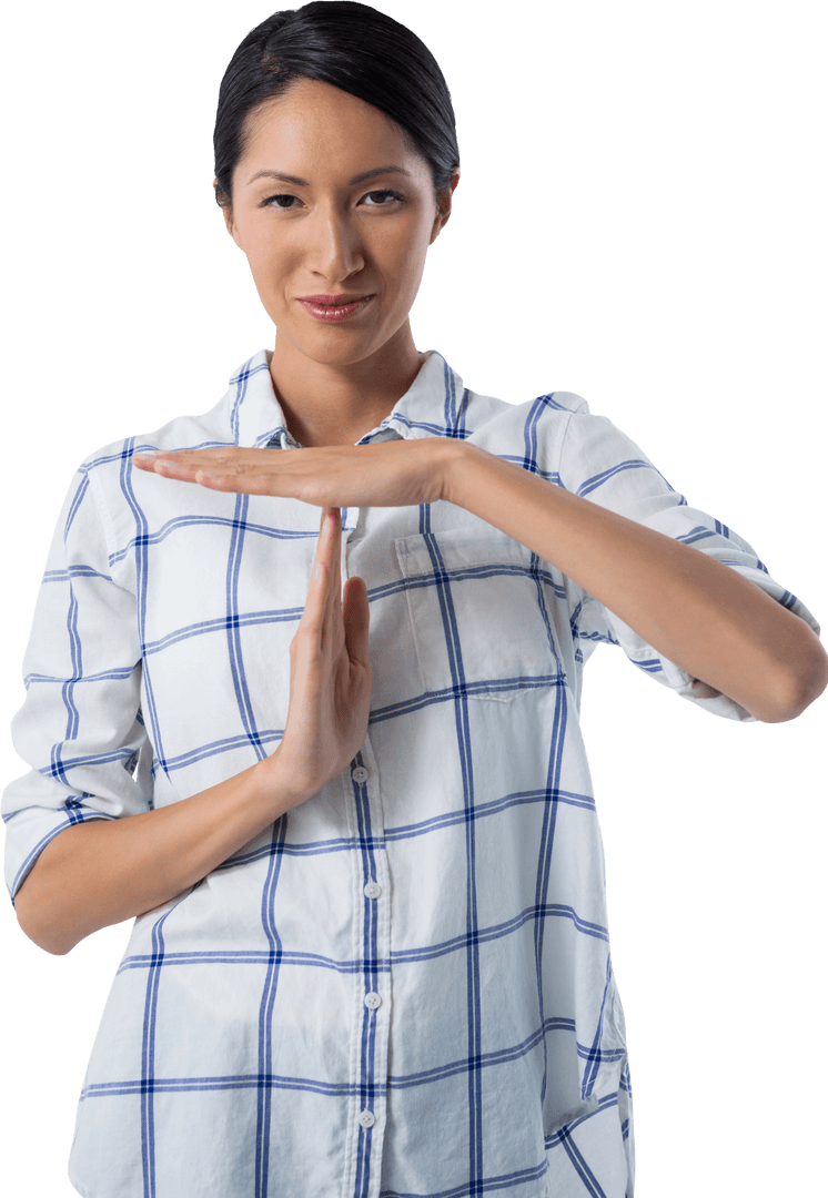 Transparent Portrait of Woman Making Time Out Gesture in Checkered Shirt