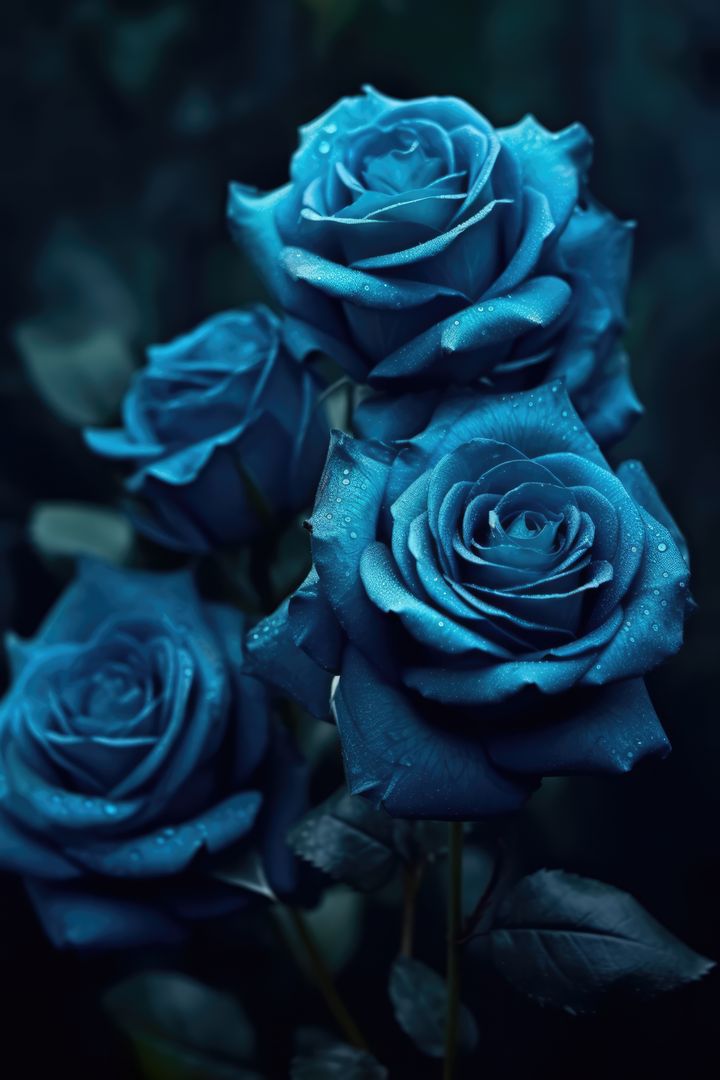 Close-Up of Blue Roses with Water Droplets in Dark Background - Free Images, Stock Photos and Pictures on Pikwizard.com