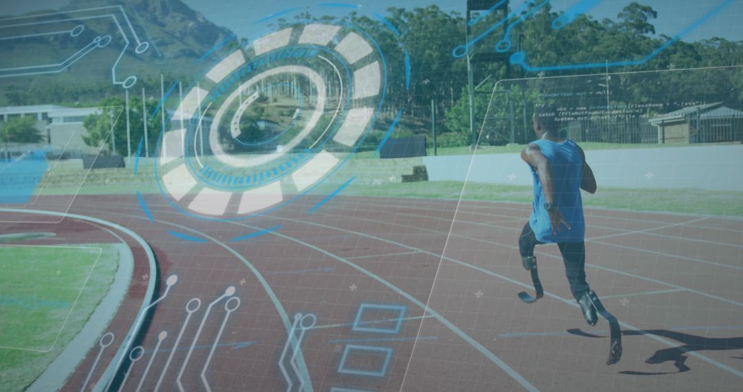 Paralympic Runner on Track with Digital Interface Connection
