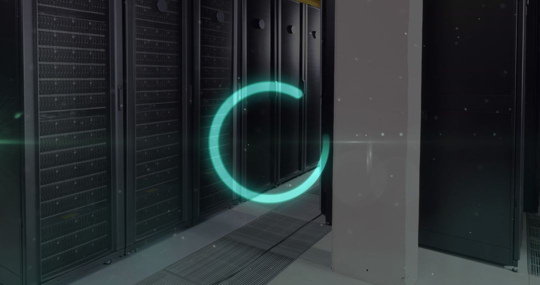 Futuristic Loading Animation Over Server Cabinets in Data Center