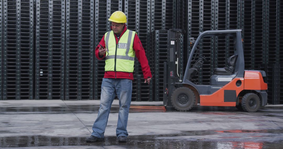 Warehouse Worker in Safety Gear Using Smartphone - Free Images, Stock Photos and Pictures on Pikwizard.com