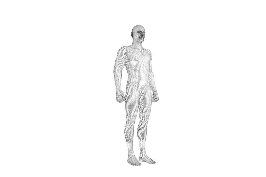 Transparent Digital 3D Model of Human Figure on Black Background