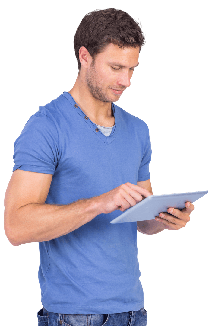 Man in Blue Shirt Navigating Tablet on Transparent Background
