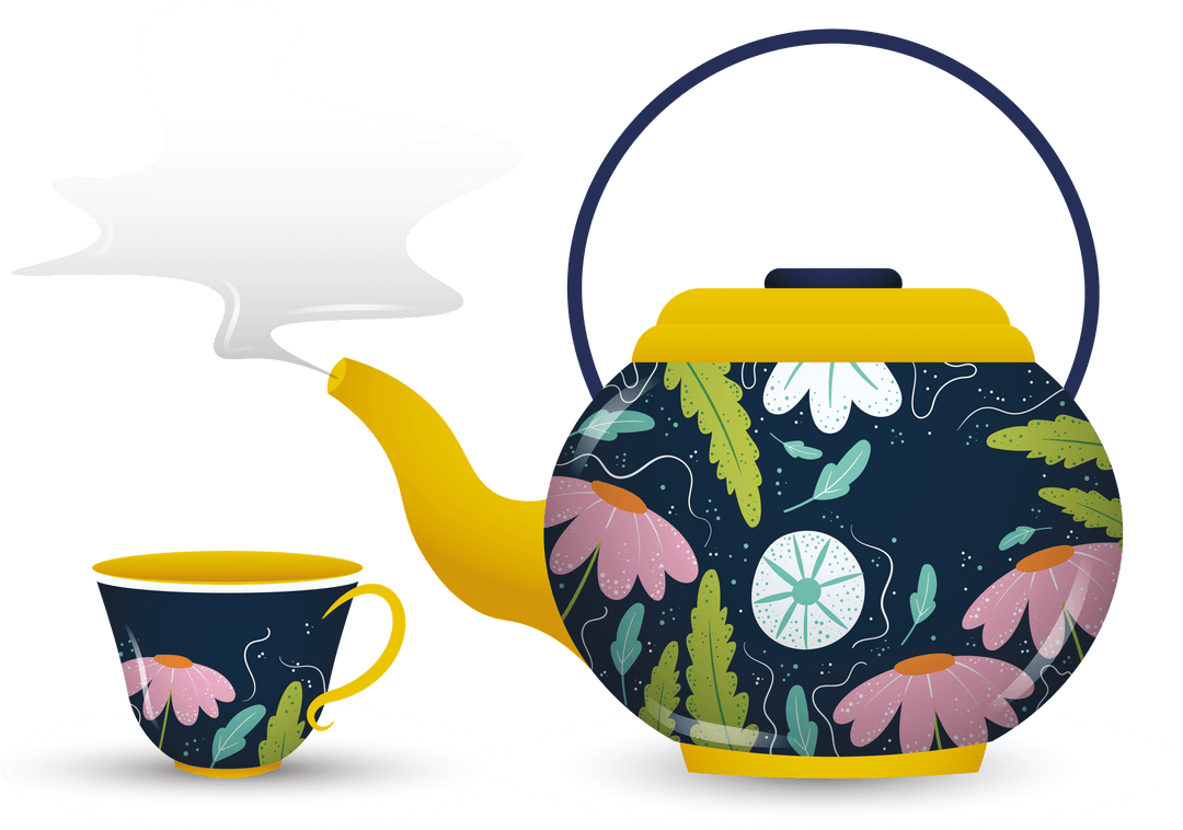 Colorful Floral Teapot with Cup on Transparent Background