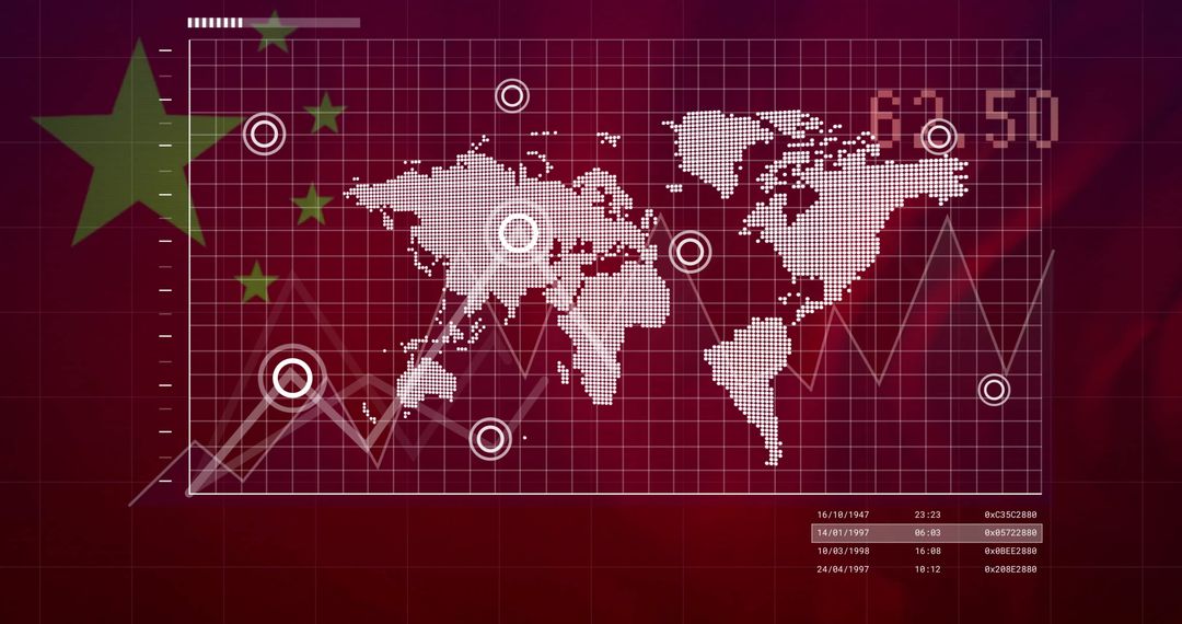 Global Technology Map Overlay with Chinese Flag Elements