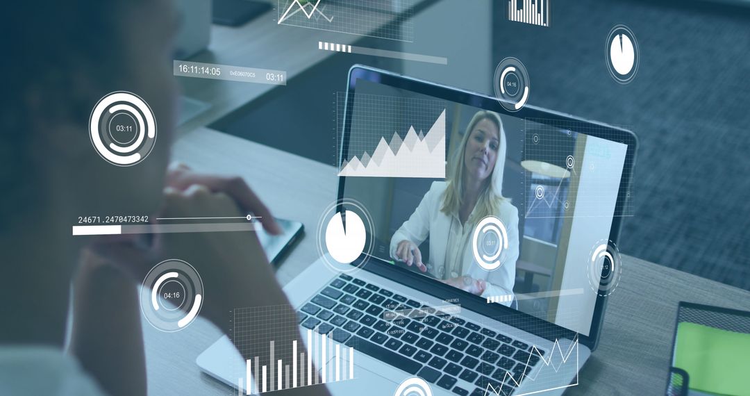 Diverse Female Team Collaborating via Video Call with Data Overlays