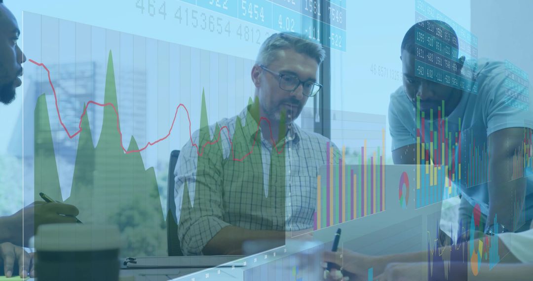 Team Discussing Financial Data in Modern Office with Overlay
