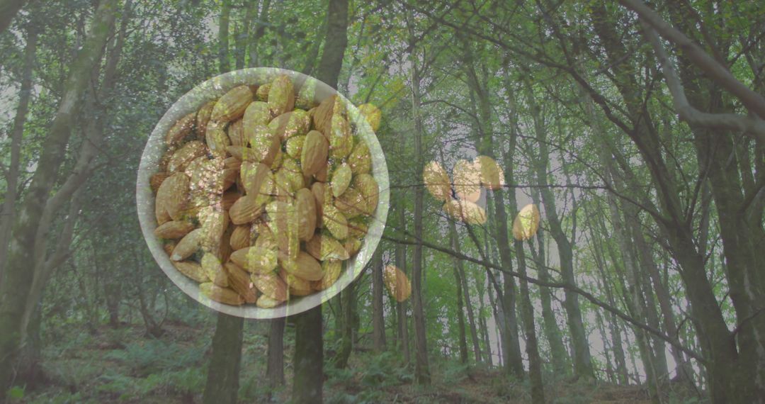 Floating Transparent Bowl of Raw Almonds in Tranquil Forest Scene
