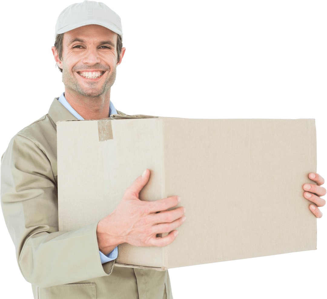 Transparent Delivery Man Smiling with Cardboard Box