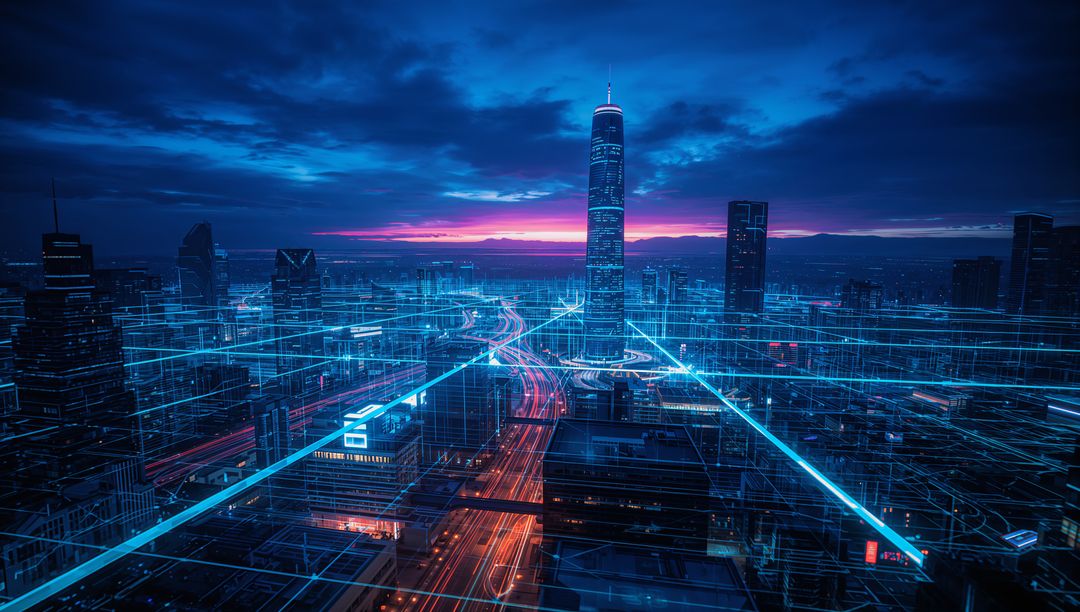 Futuristic Cityscape with Glowing Gridlines and Skyscraper at Dusk