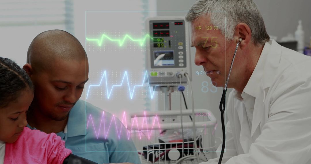 Doctor Monitoring Heartbeat of Young Patient with Digital Health Data Overlay