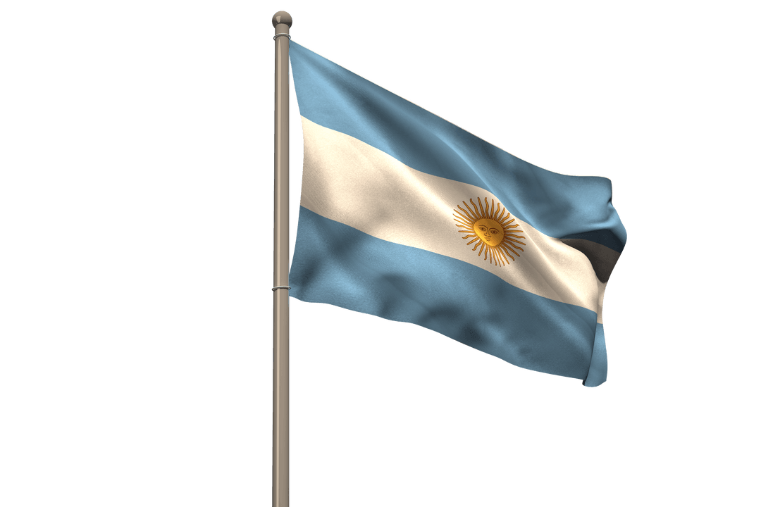 Argentinian Flag Waving on Pole with Transparent Background