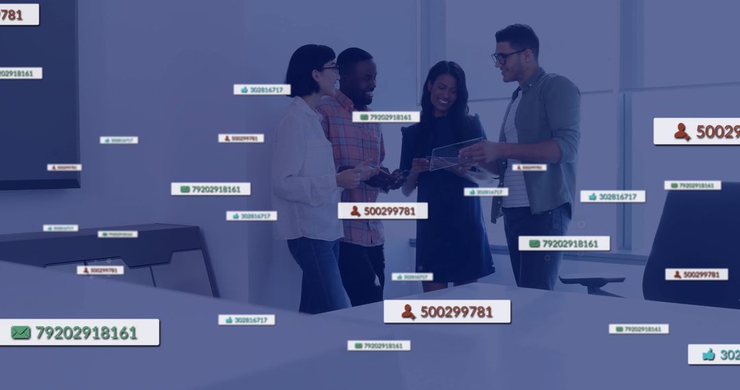 Diverse Group Discussing with Digital Notifications Overlay