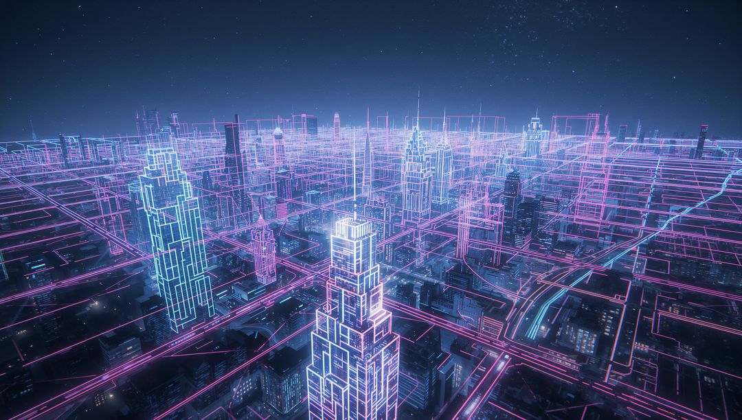 Futuristic Neon Cityscape with Wireframe Skyscrapers