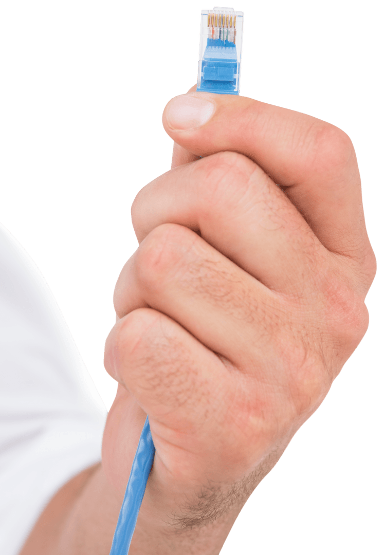 Businessman's Hand Holding Transparent Ethernet Cable Plug