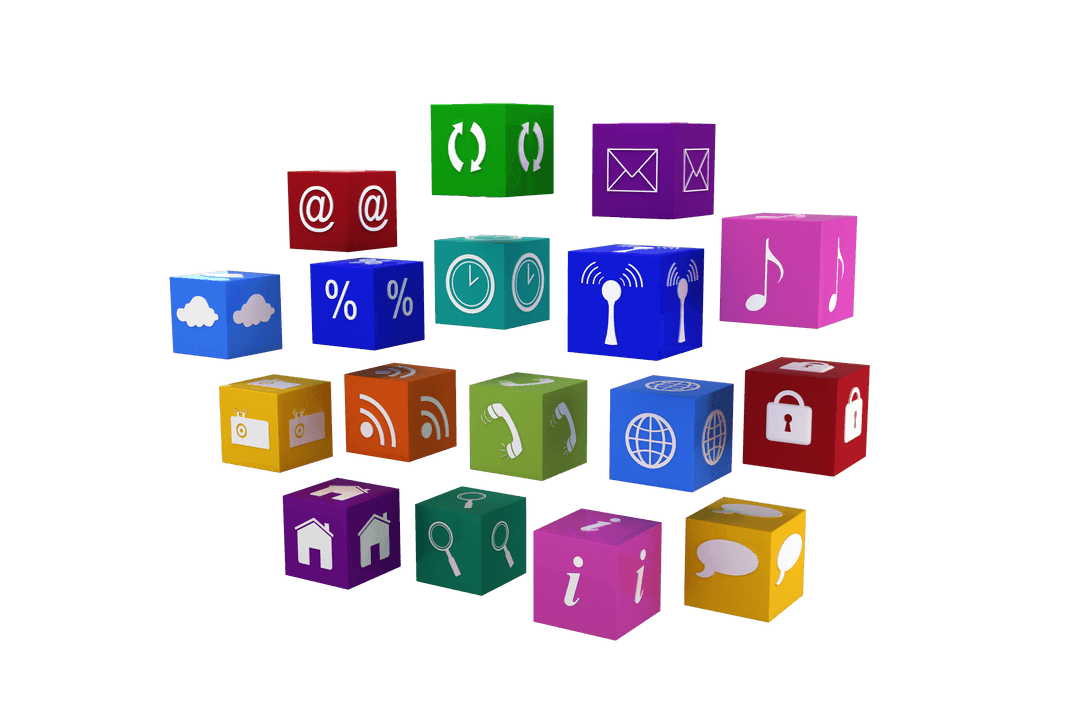 Colorful Technology and Social Media Icon Cubes on Transparent Background