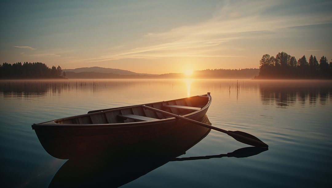 Serene Rowboat on Calm Misty Lake During Sunrise