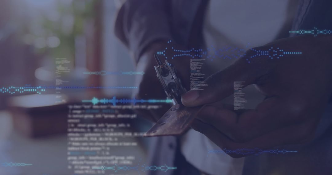 Technician Using Credit Card Reader with Digital Code Overlay