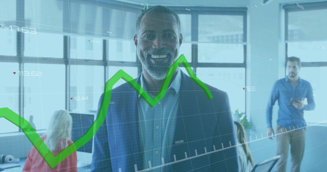 Businessman Smiling with Financial Data and Digital Graph Overlay