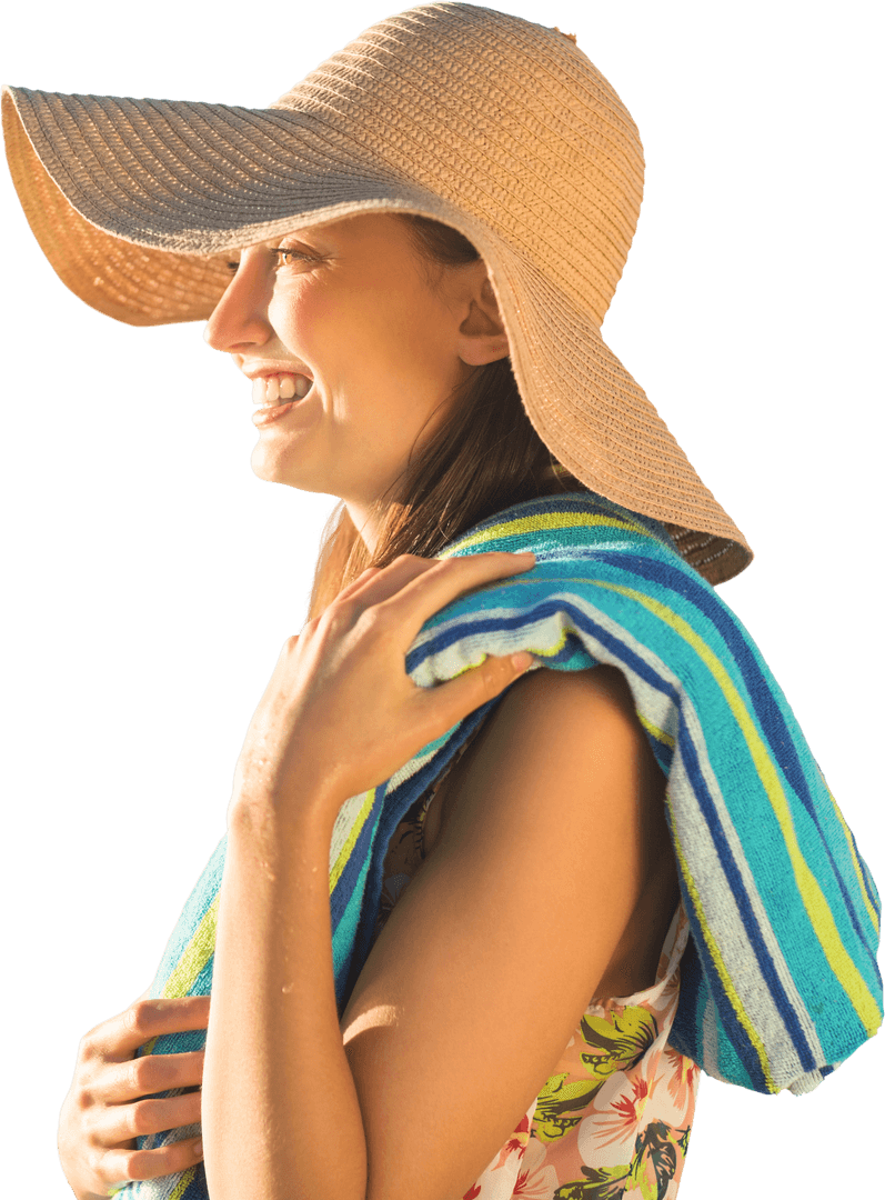 Happy Transparent Background Caucasian Woman with Sun Hat and Towel