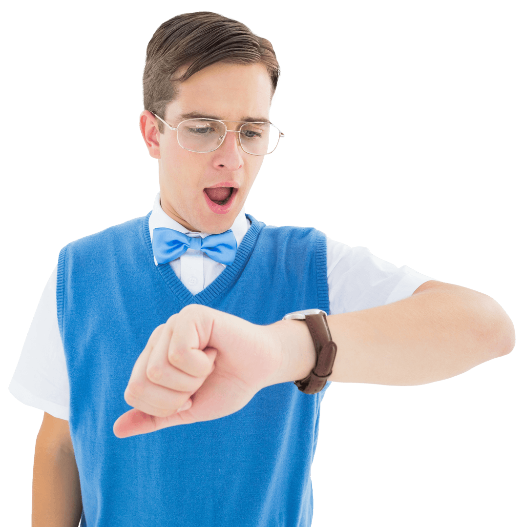 Transparent Geeky Young Hipster Checking Time in Surprise