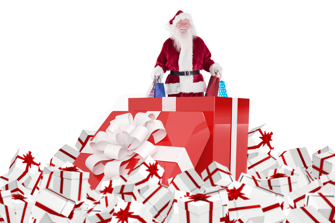 Transparent Santa Standing in Gift Box Surrounded by Presents