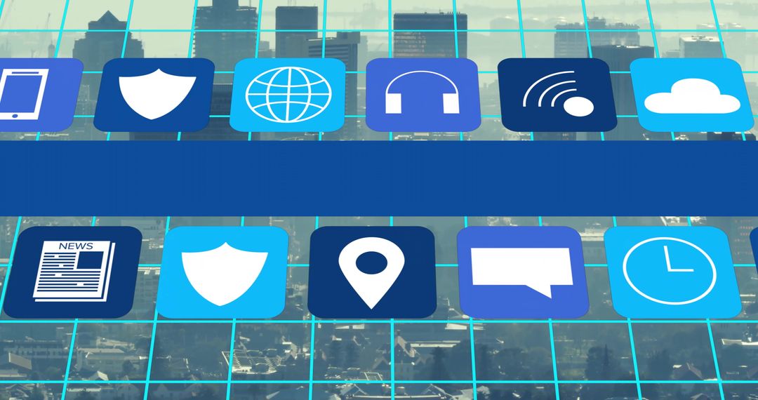 Digital Finance and Technology Icons Over Cityscape Grid